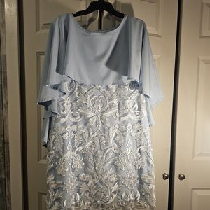 Light Blue Lace Overlay Midi Dress with Cape Detail